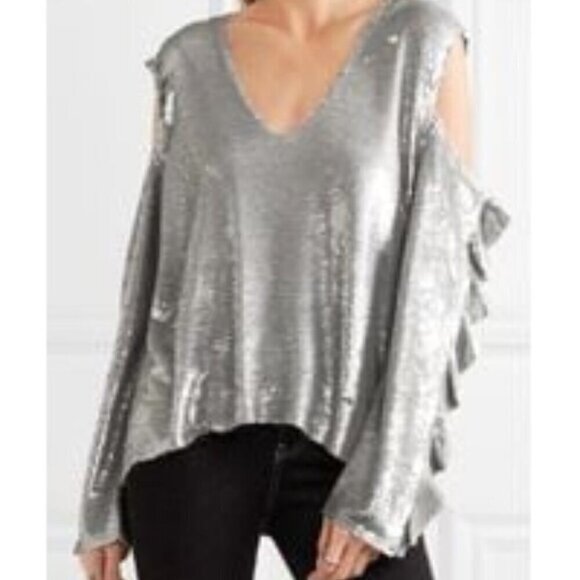 NWT IRO Women's Metallic Waleast Cold-shoulder Ruffled Sequined Tulle Top Size 2 - Picture 1 of 11